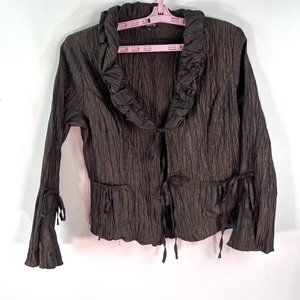 Vintage Butter Cup Crinkle Ruched Front Tie Cardigan Top Womens Size L Brown 90s